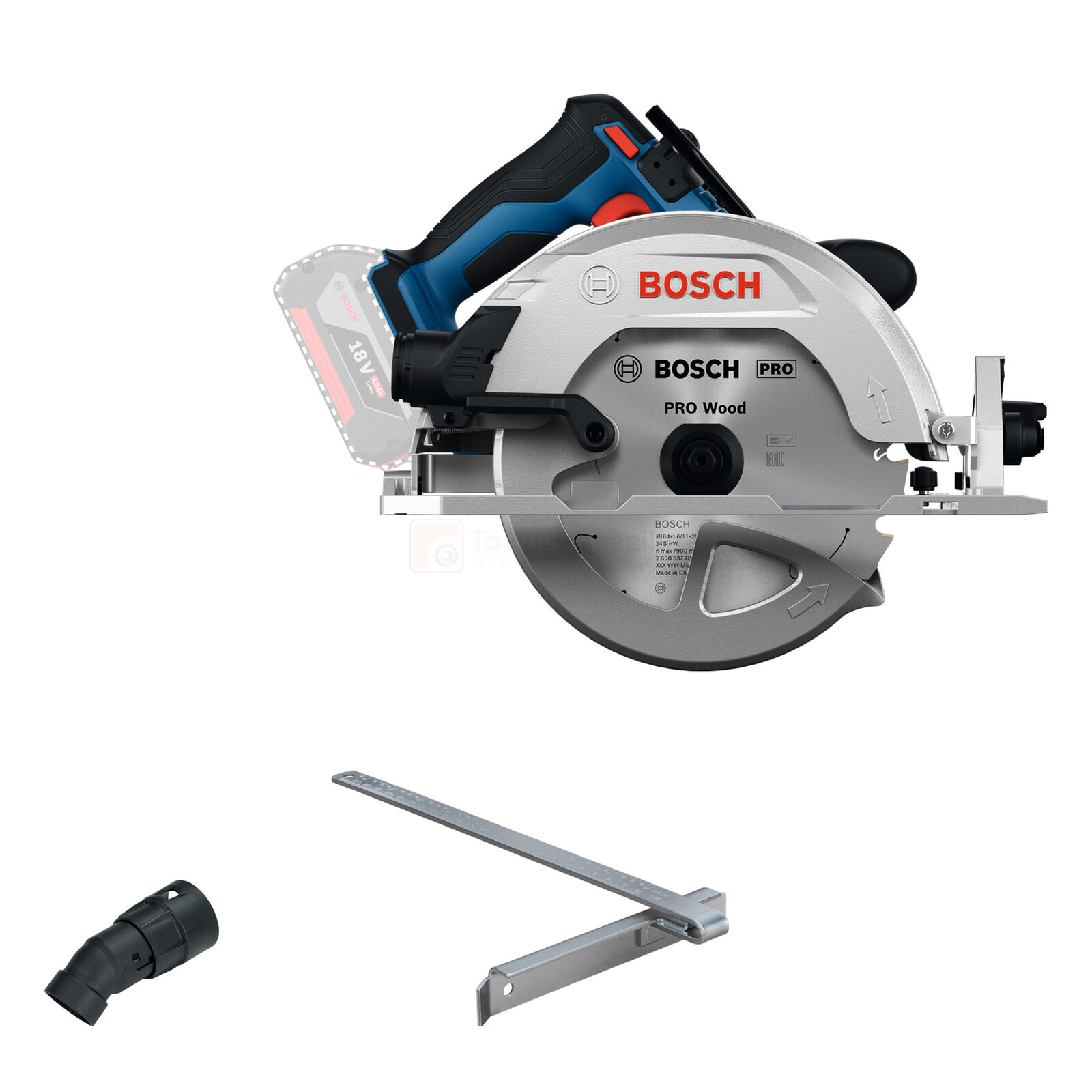 Pildil on Bosch akuketassaag GKS 18V-68-2 koos tolmuimeja adapteri ja joonlauaga.